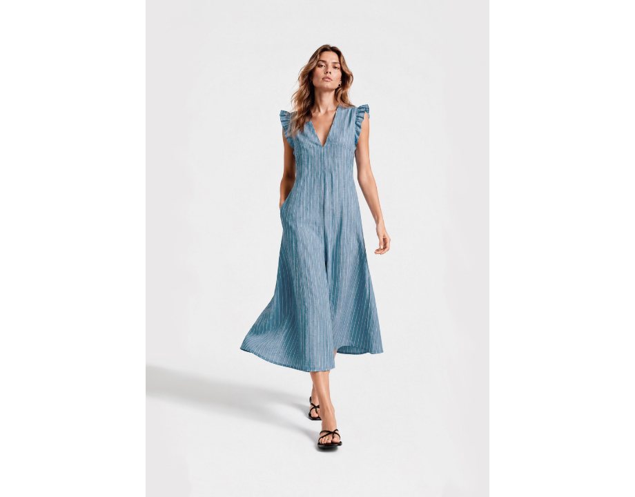 Vestido rayas bicolor pliegue escote azul