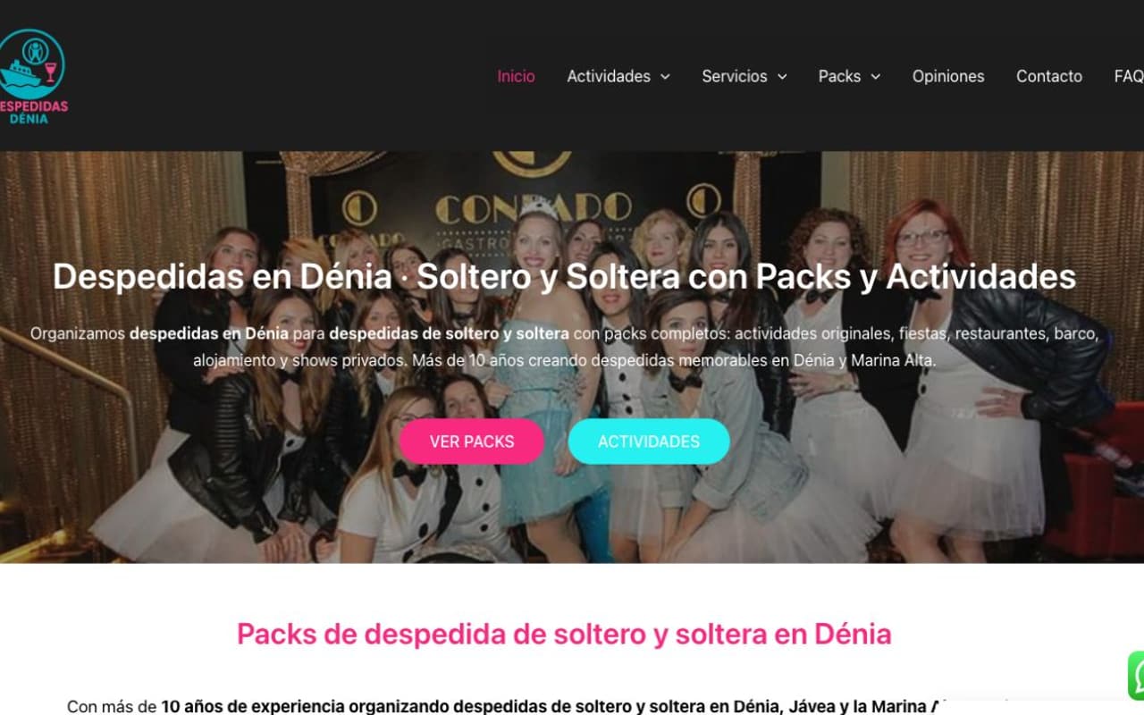 Captura de pantalla de la home de Despedidas de soltero en Denia