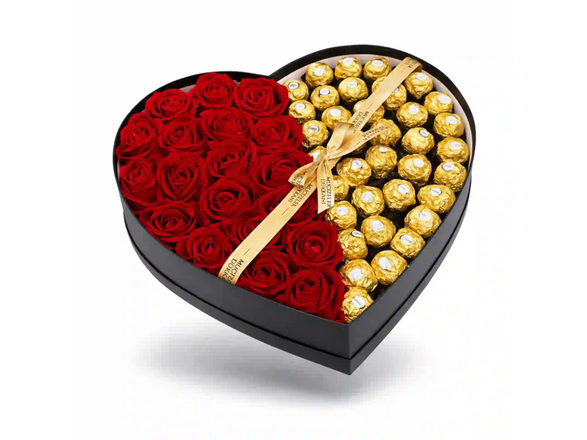 Caja Corazón Élite de rosas preservadas y Ferrero Rocher