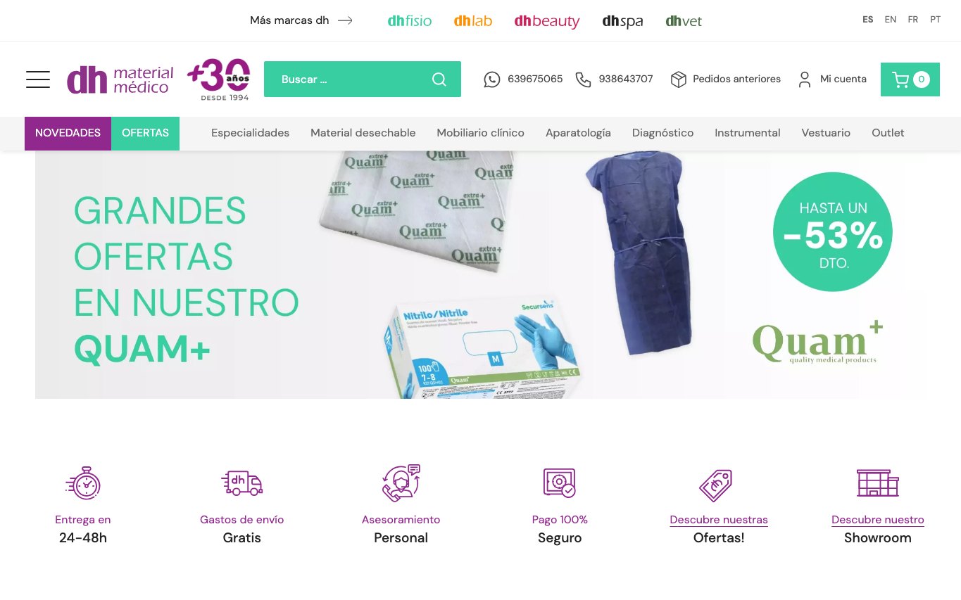 Captura de pantalla de la home de DH Material Médico