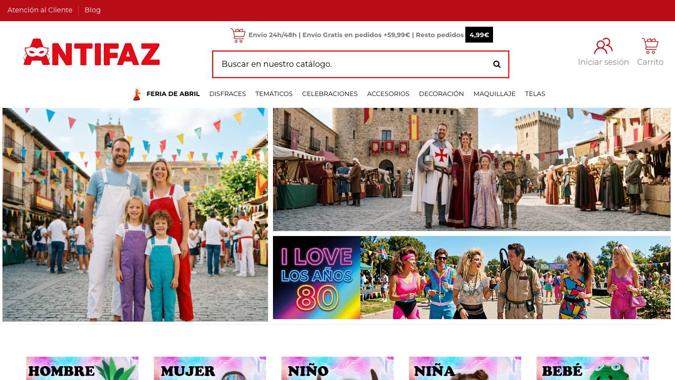 Captura de pantalla de la home de Disfraces Antifaz