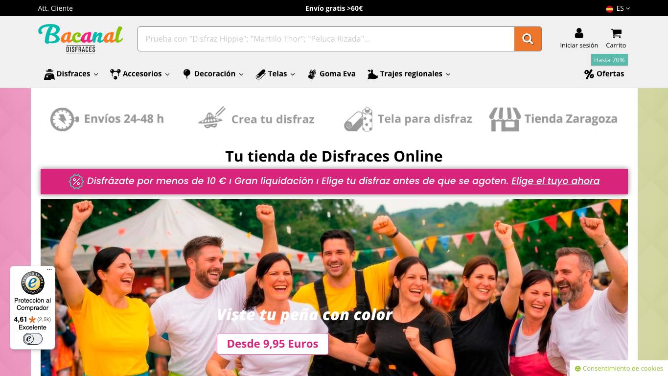 Captura de pantalla de la home de Disfraces Bacanal
