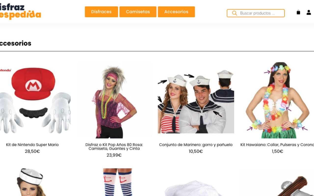 Captura de pantalla de la home de Disfraz Despedida