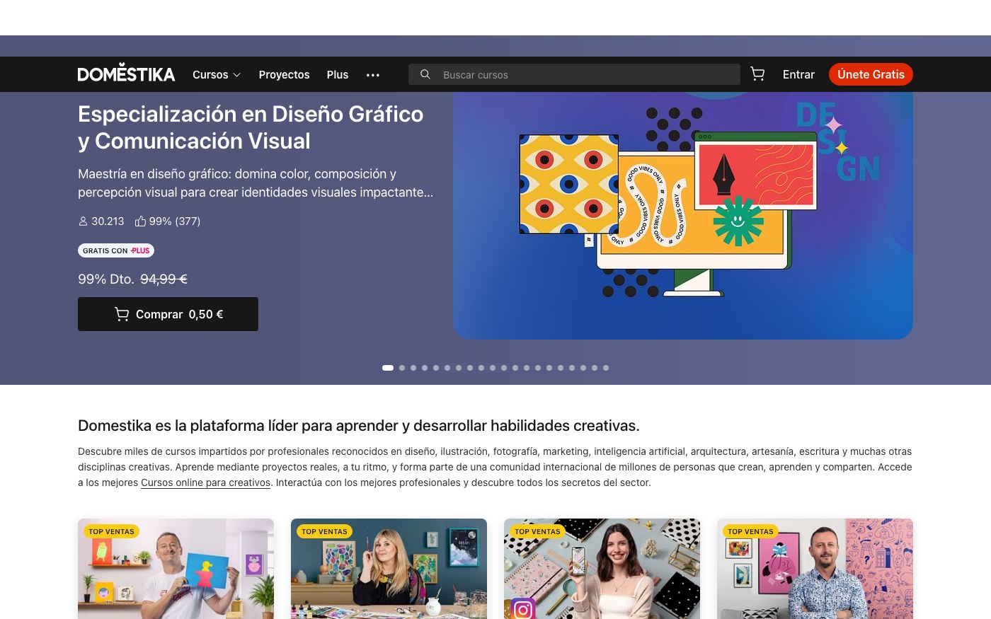 Captura limpia de la home oficial de Domestika