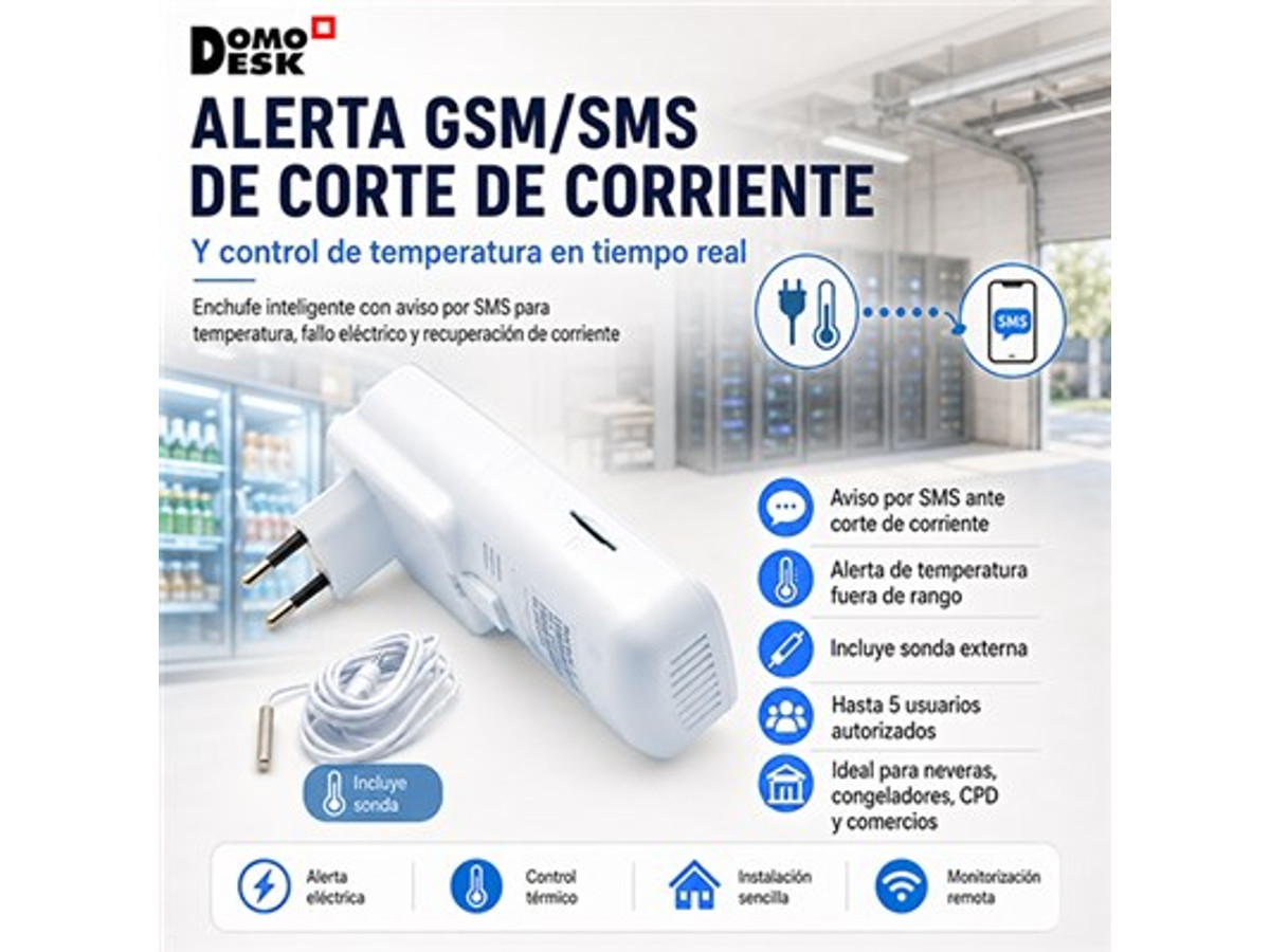 Enchufe GSM/SMS alerta corte de corriente y temperatura