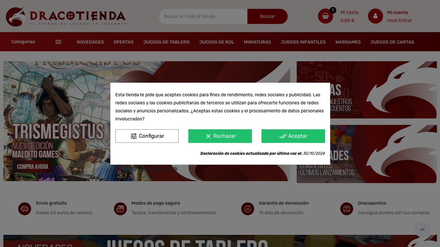 Captura de pantalla de la home de Dracotienda