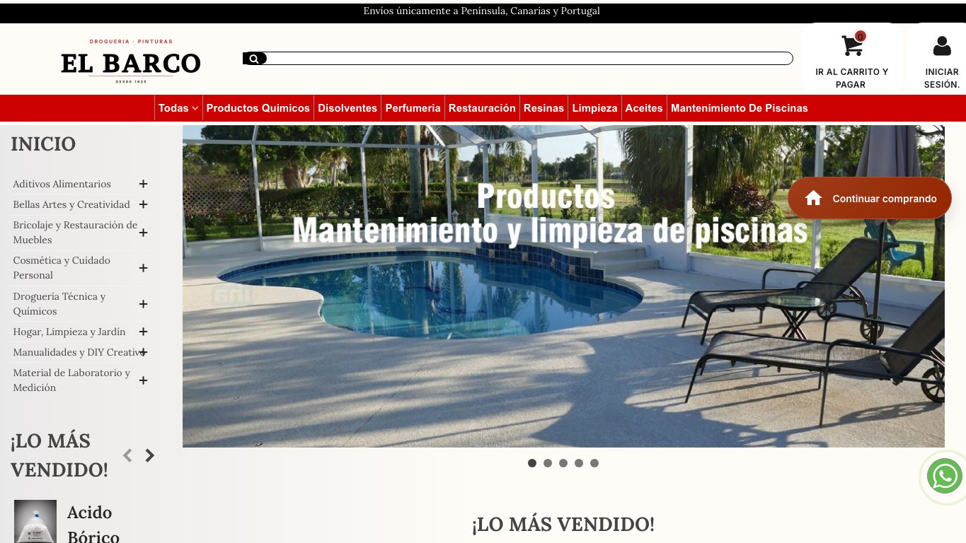 Captura limpia de la home oficial de Droguería El Barco