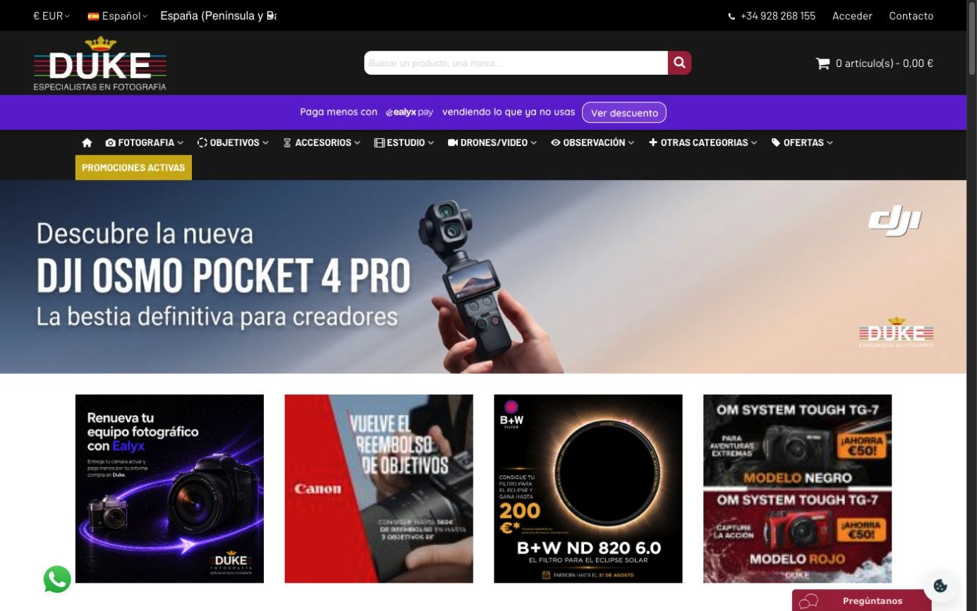 Captura limpia de la home oficial de Duke Fotografía