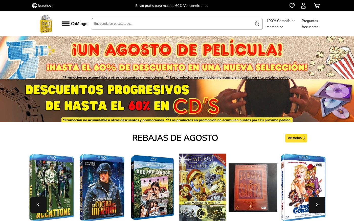 Captura limpia de la home oficial de DVD Store Spain