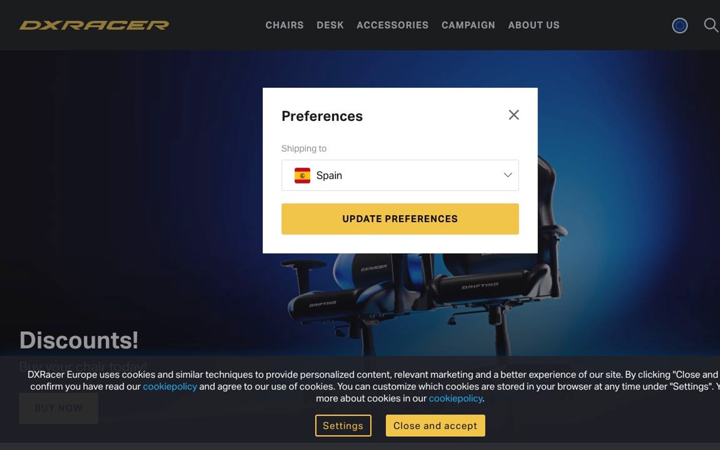 Captura de pantalla de la home de DXRacer