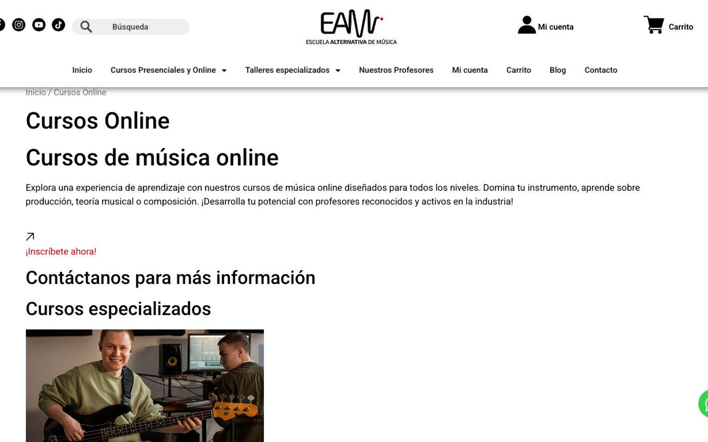 Captura de pantalla de la home de EA Escuela de Música