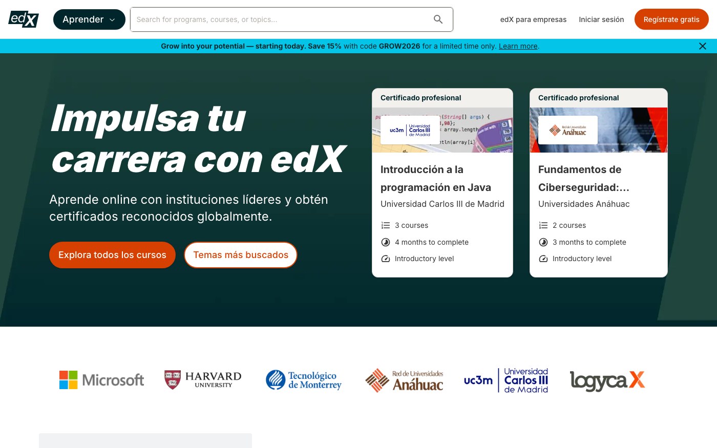 Captura limpia de la home oficial de edX