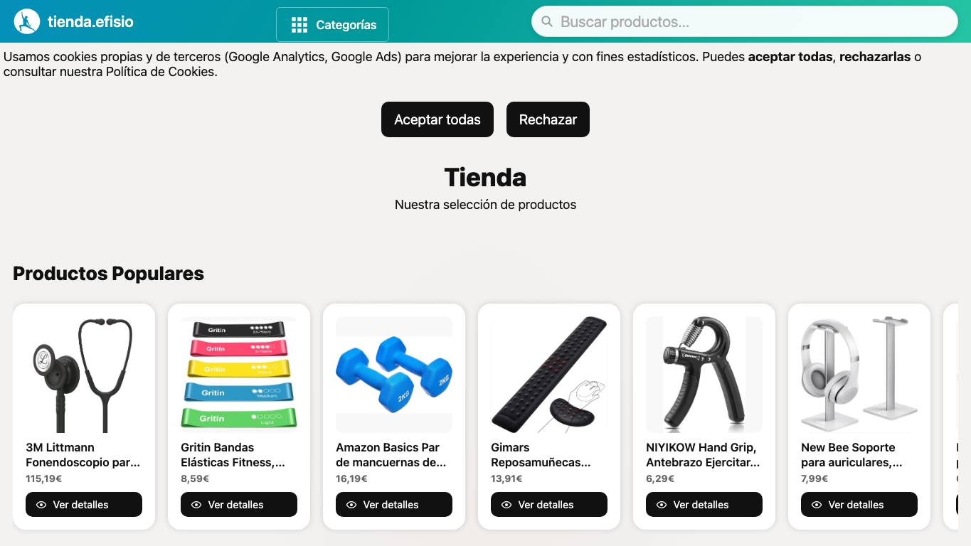 Captura de pantalla de la home de Tienda de eFISIO