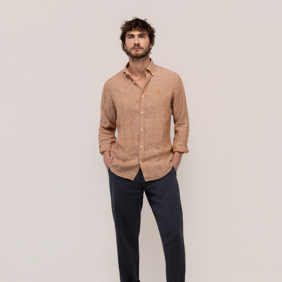 shirt linen Yale button down burgundy naranja