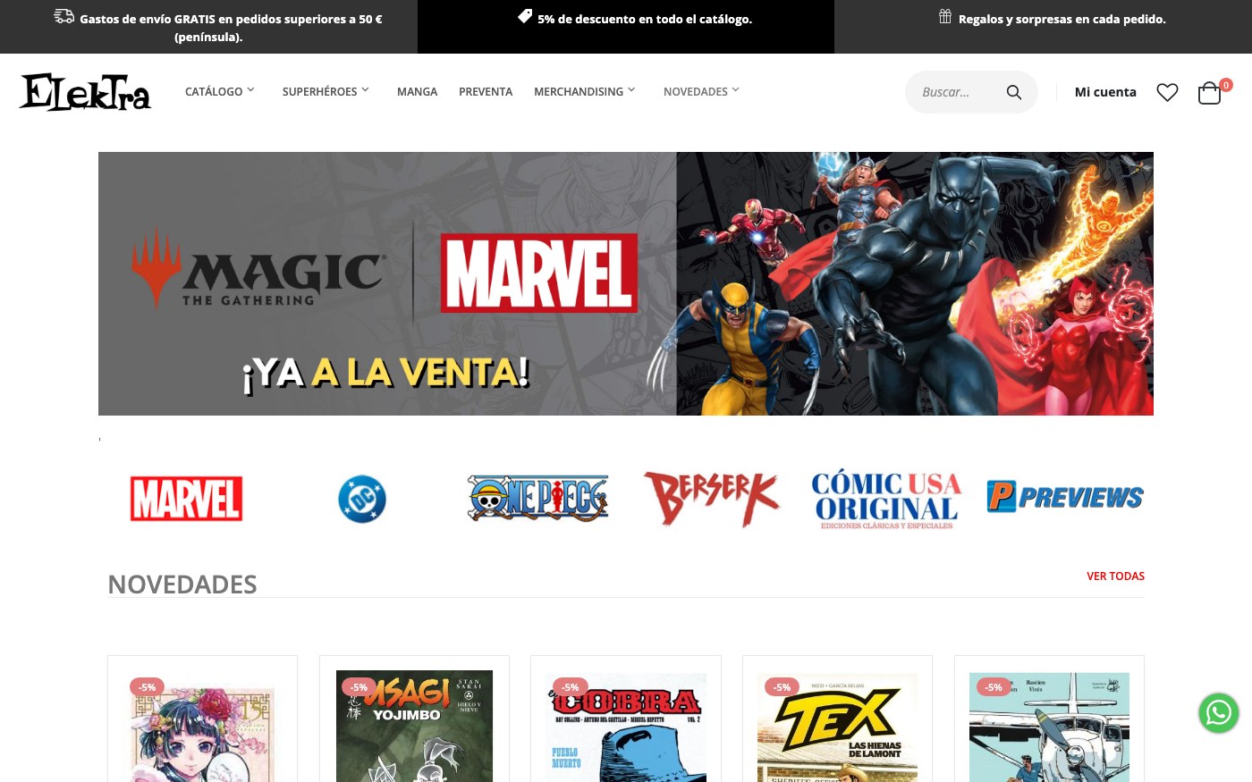 Captura limpia de la página de inicio de Elektra Cómic