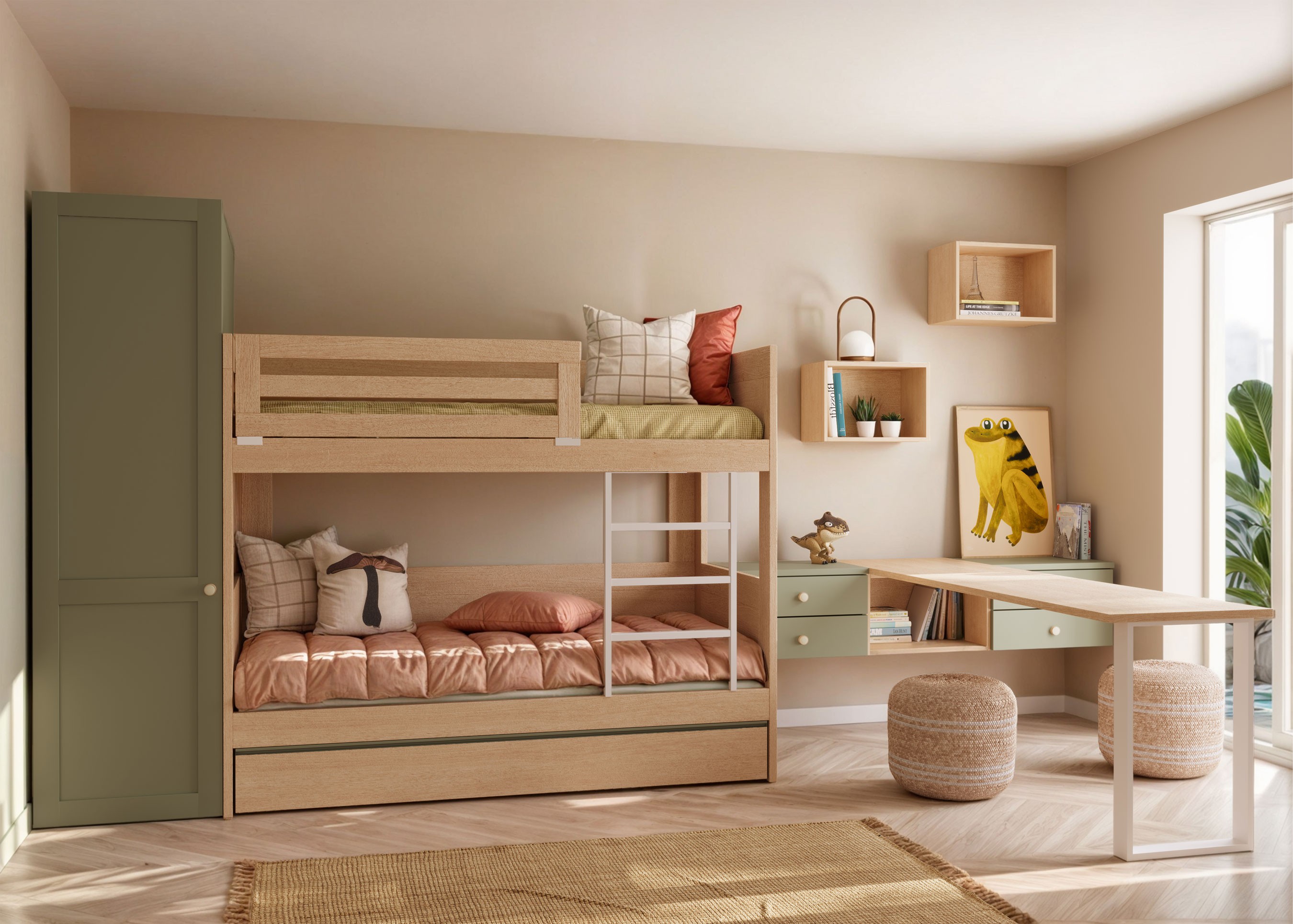 Dormitorio infantil triple con litera y cama nido