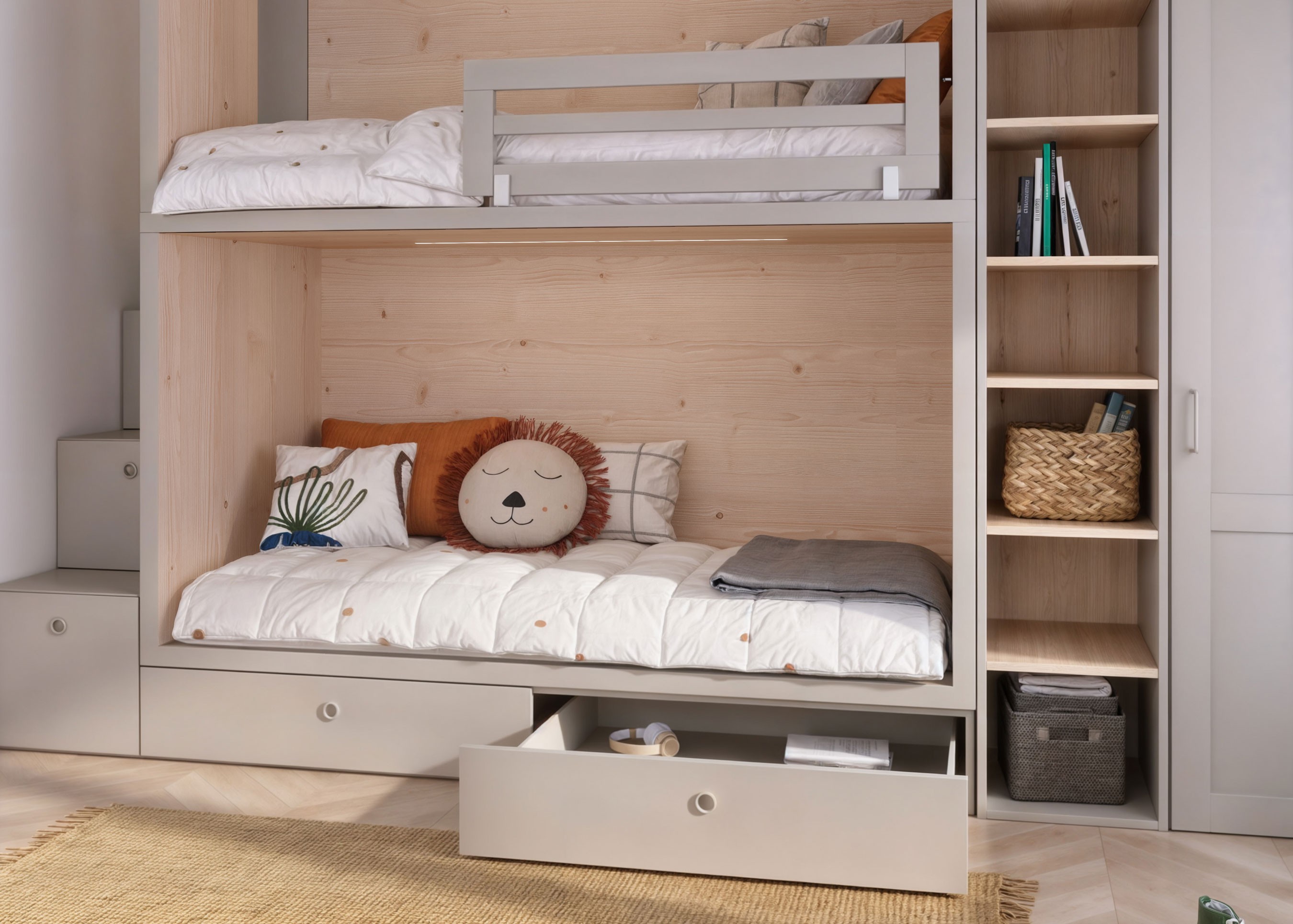 Dormitorio infantil con litera y almacenamiento