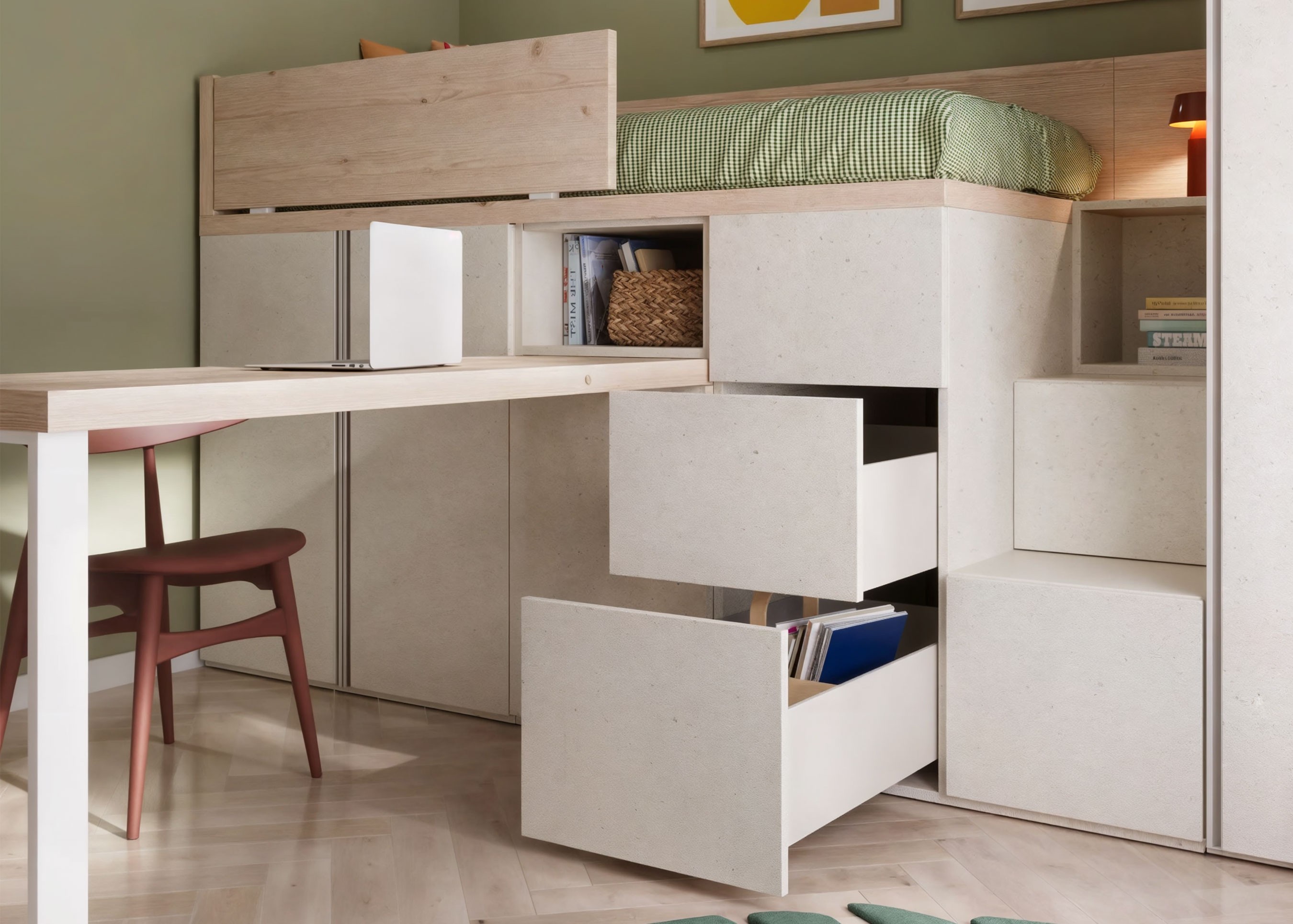 Dormitorio infantil con cama alta y mesa