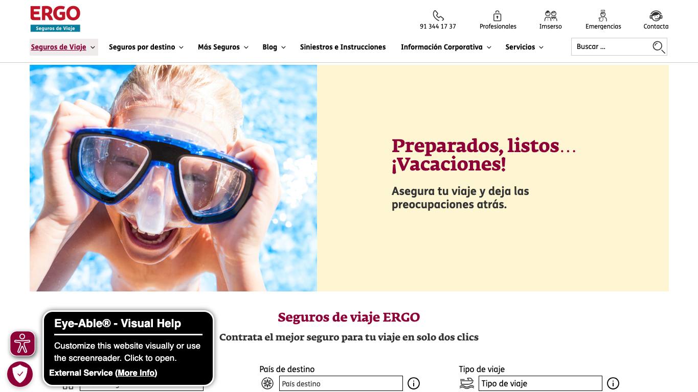 Captura de pantalla de la home de ERGO Seguros de Viaje