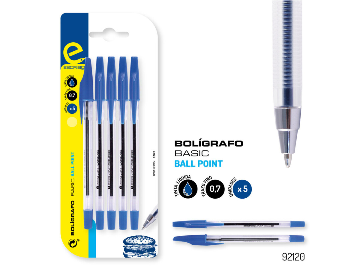 Blíster 5 bolígrafos BASIC azul