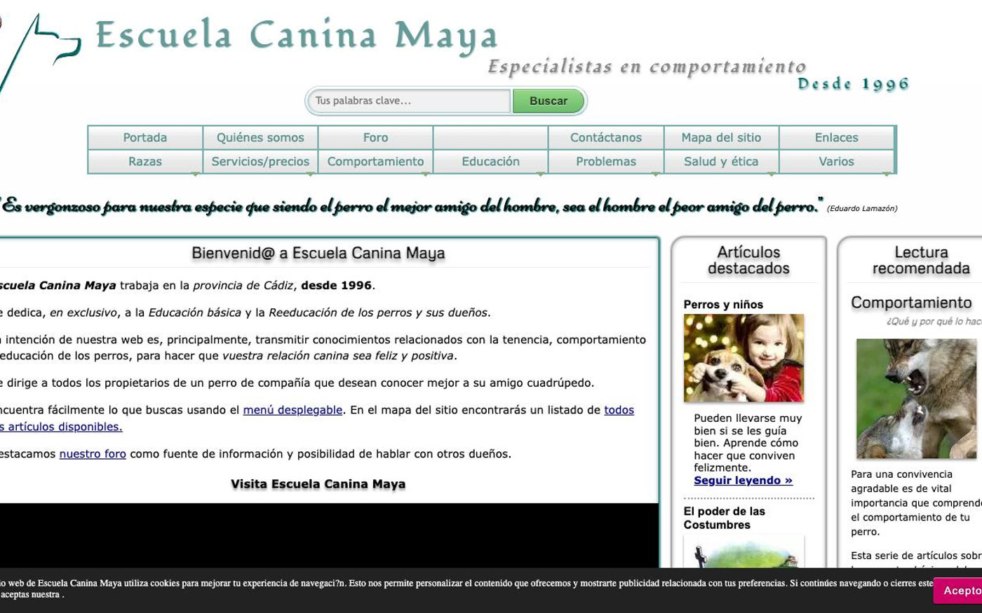 Captura de pantalla de la home de Escuela Canina Maya