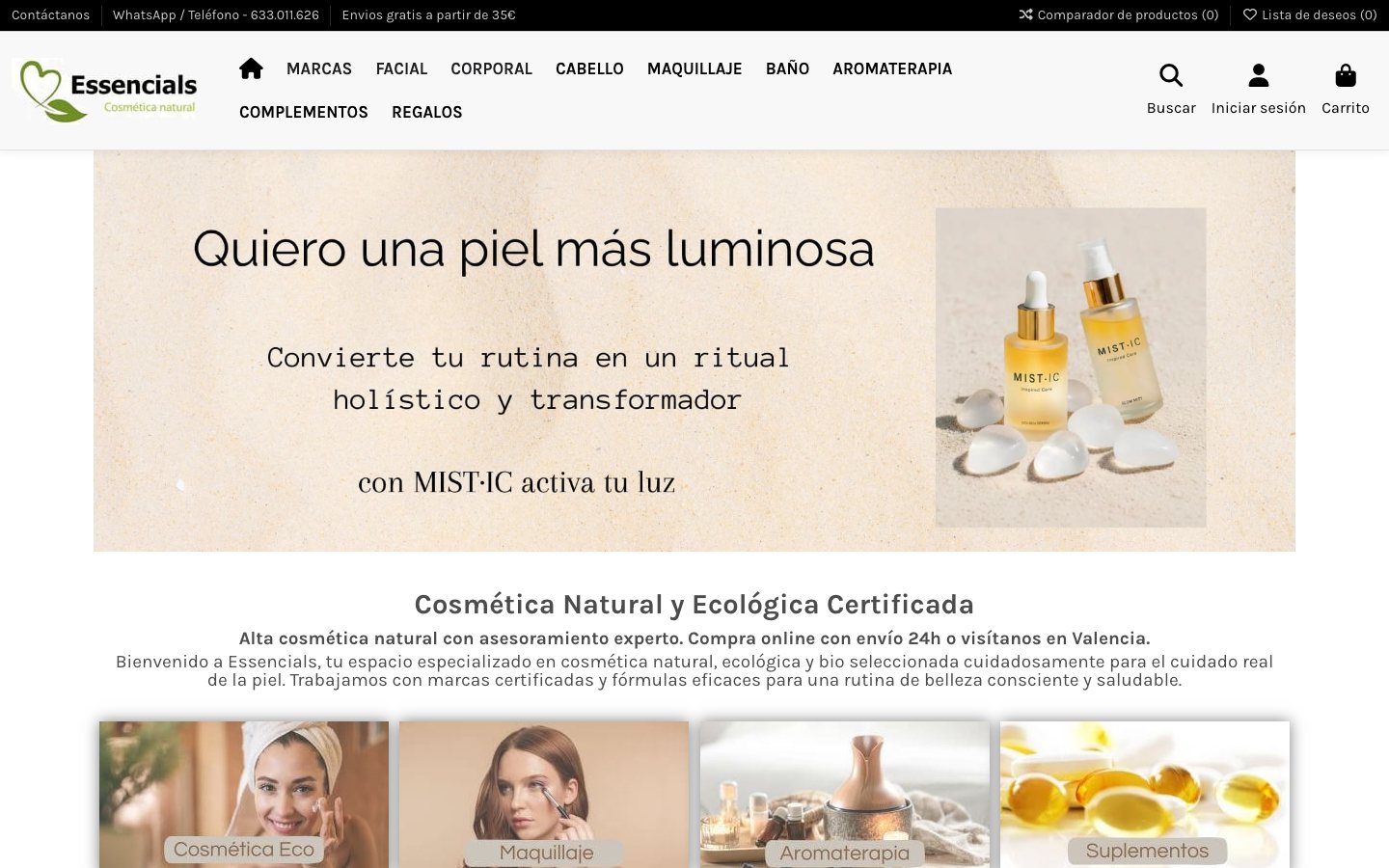 Captura de pantalla de la home de Essencials
