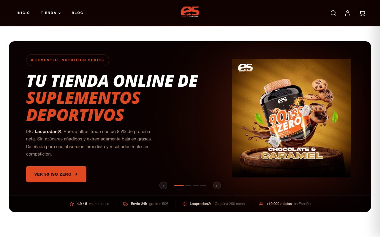 Captura de pantalla de la home de Essential Nutrition