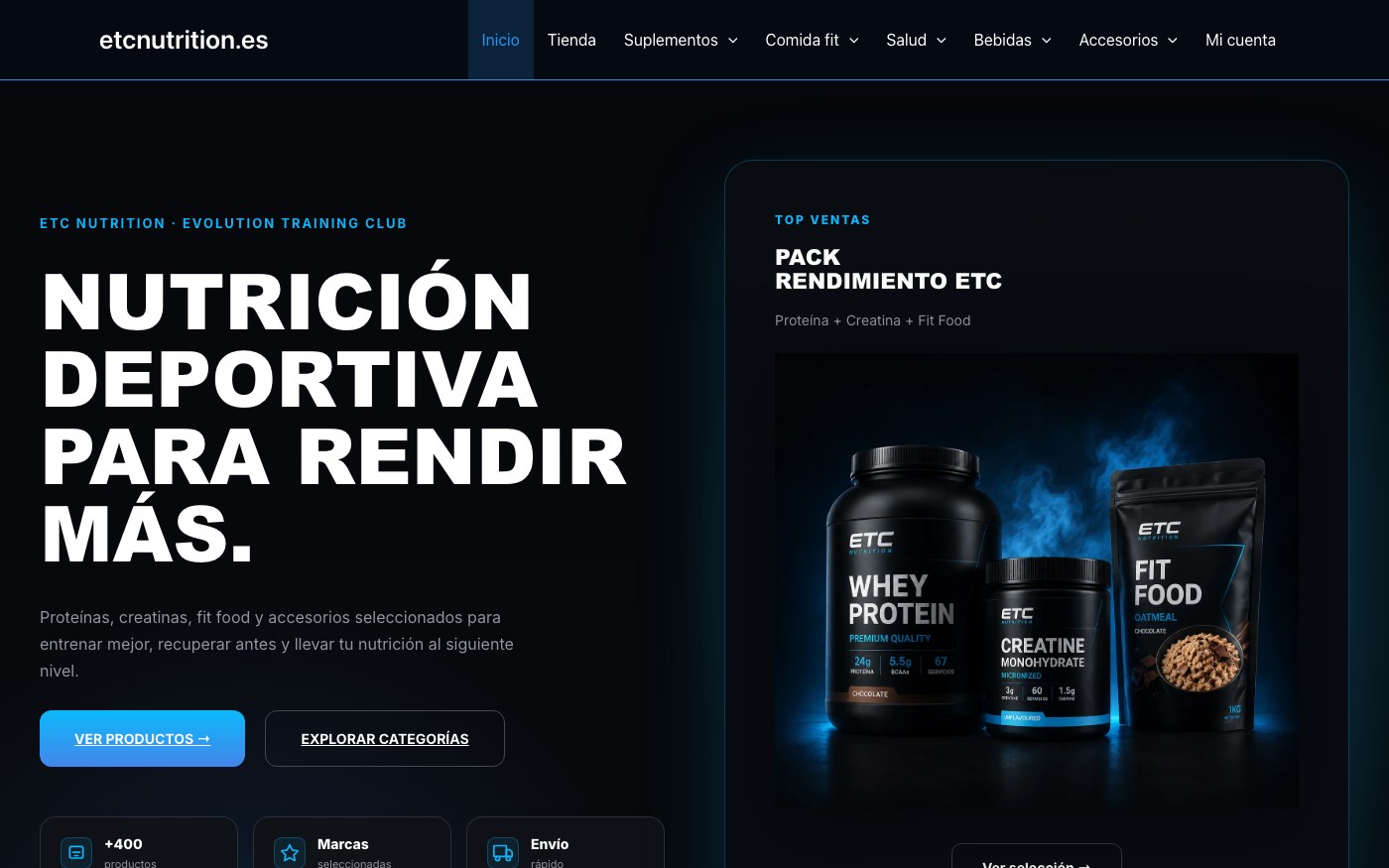 Captura de pantalla de la home de ETC Nutrition