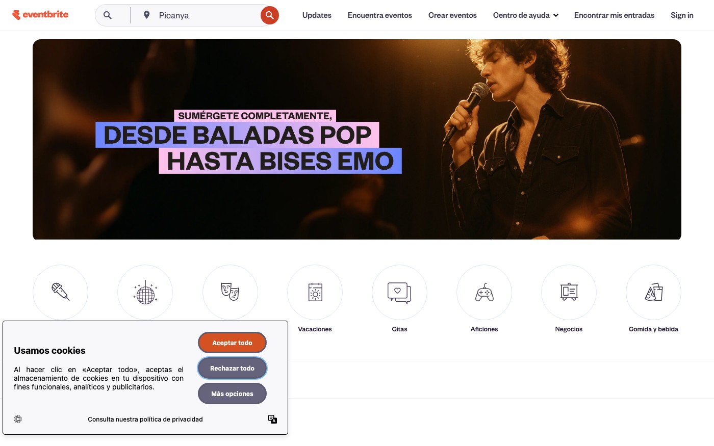 Captura de pantalla de la home de Eventbrite
