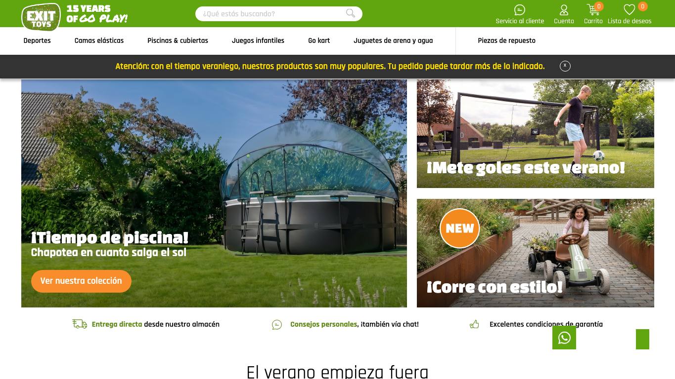 Captura de pantalla de la home de EXIT Toys
