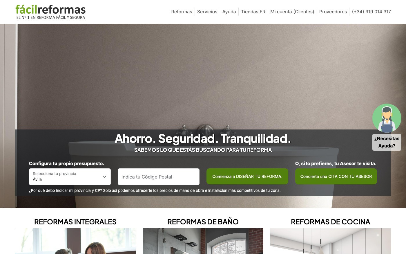 Captura de pantalla de la home de Fácil Reformas