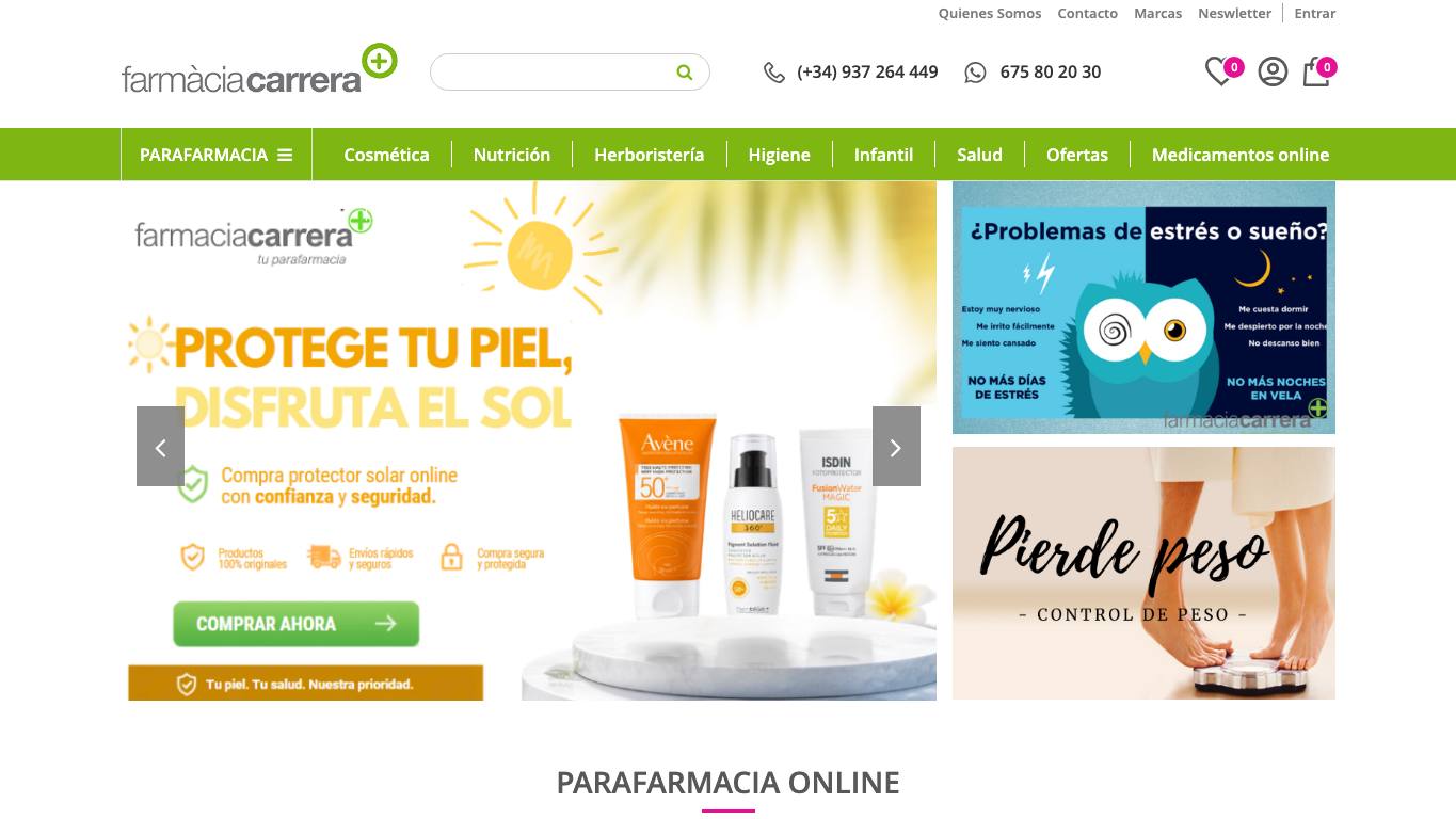 Captura de pantalla de la home de Farmacia Carrera