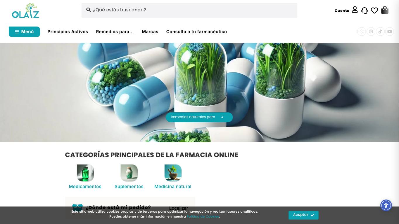 Captura de pantalla de la home de Farmacia Olaiz
