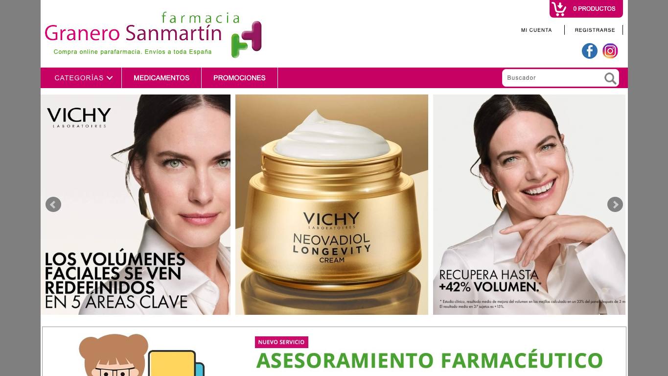 Captura de pantalla de la home de Farmacia Online Granero