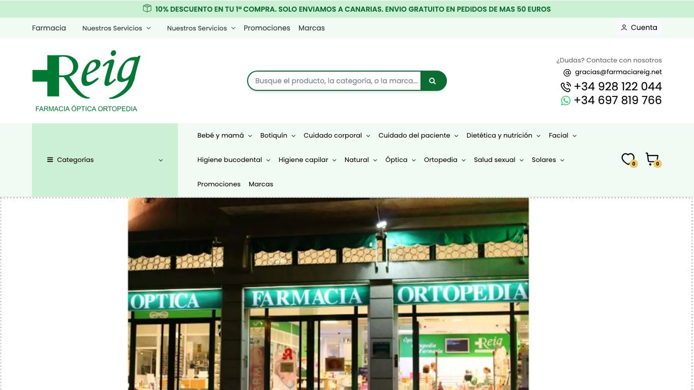 Captura de pantalla de la home de Farmacia Reig