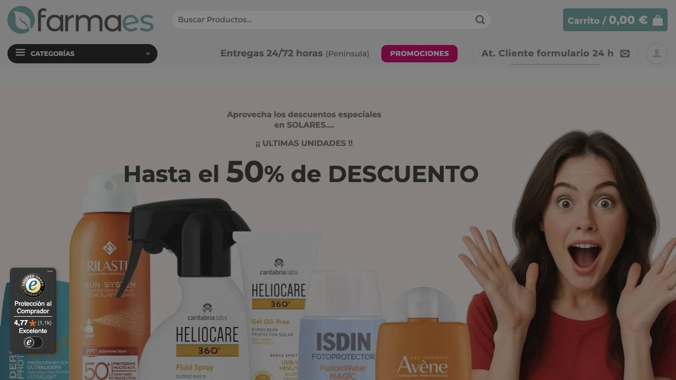 Captura de pantalla de la home de Farmaes