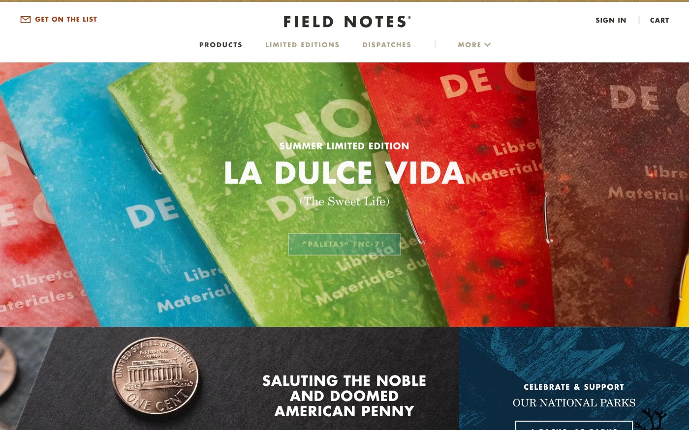 Captura de pantalla de la home de Field Notes