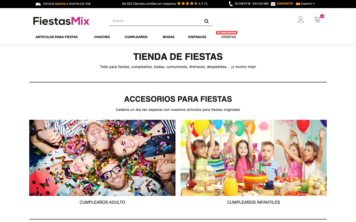 Captura de pantalla de la home de FiestasMix