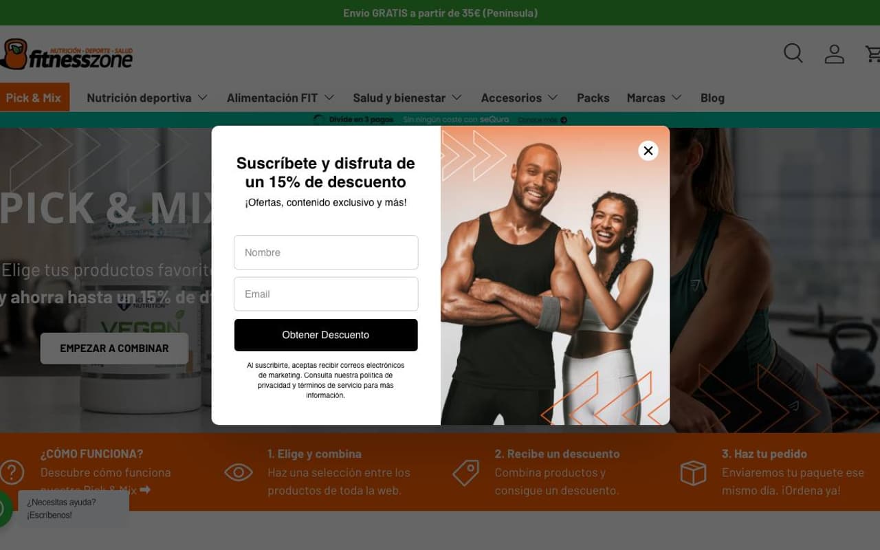 Captura de pantalla de la home de Fitnesszone