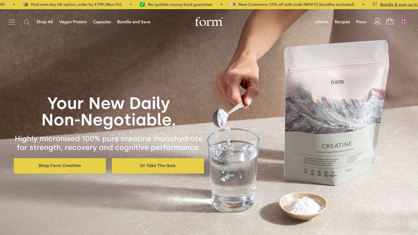 Captura de pantalla de la home de Form Nutrition