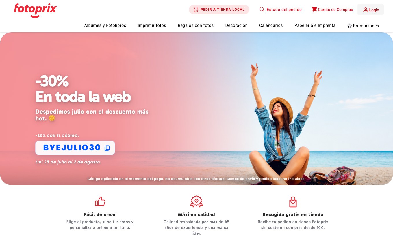 Captura de pantalla de la home de Fotoprix