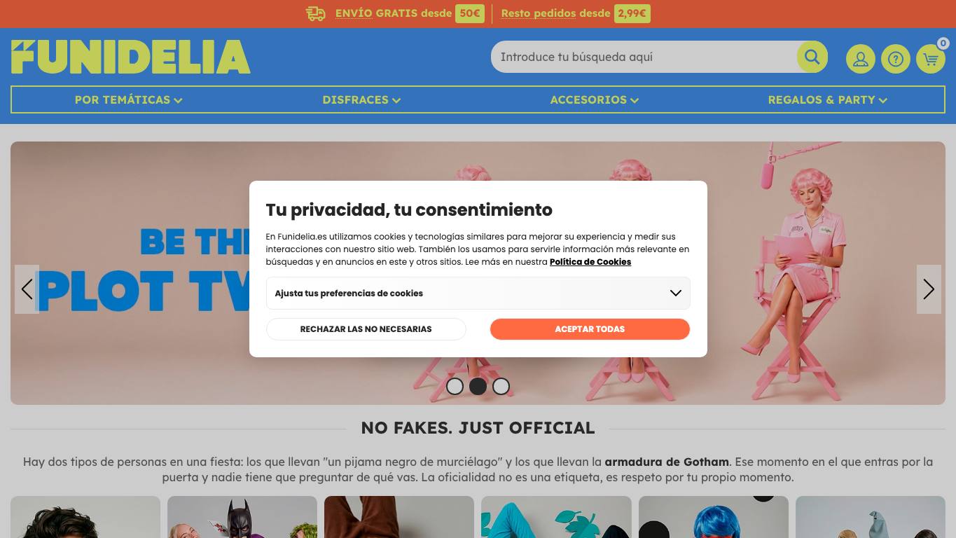Captura de pantalla de la home de Funidelia