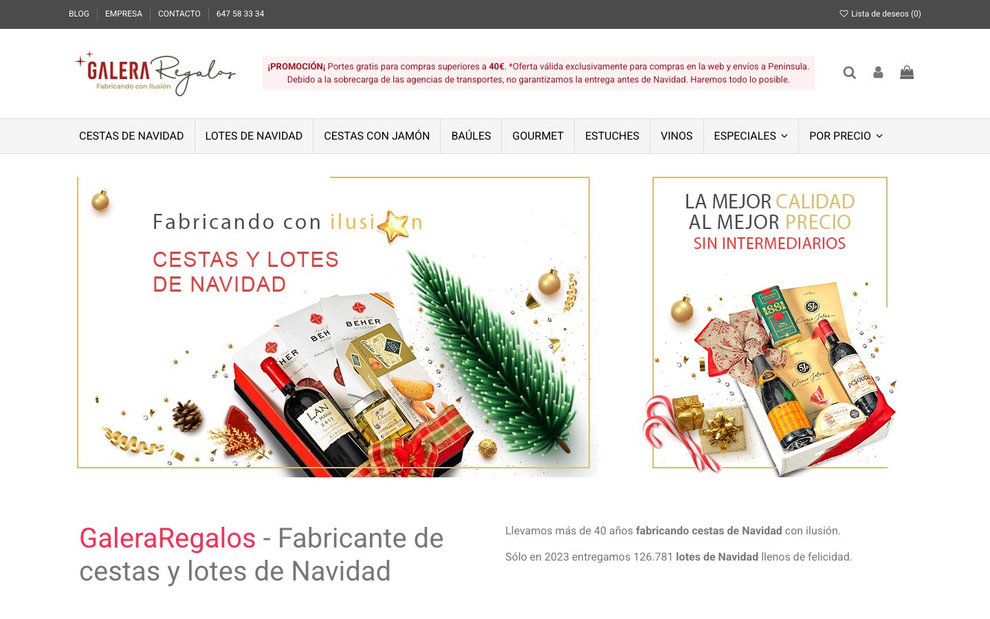 Captura de pantalla de la home de Galera Regalos