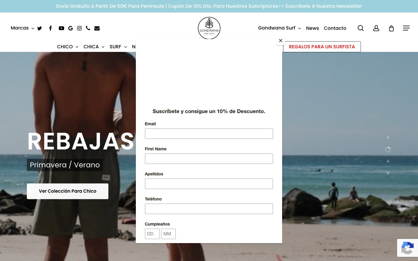 Captura limpia de la home oficial de Gondwana Surf