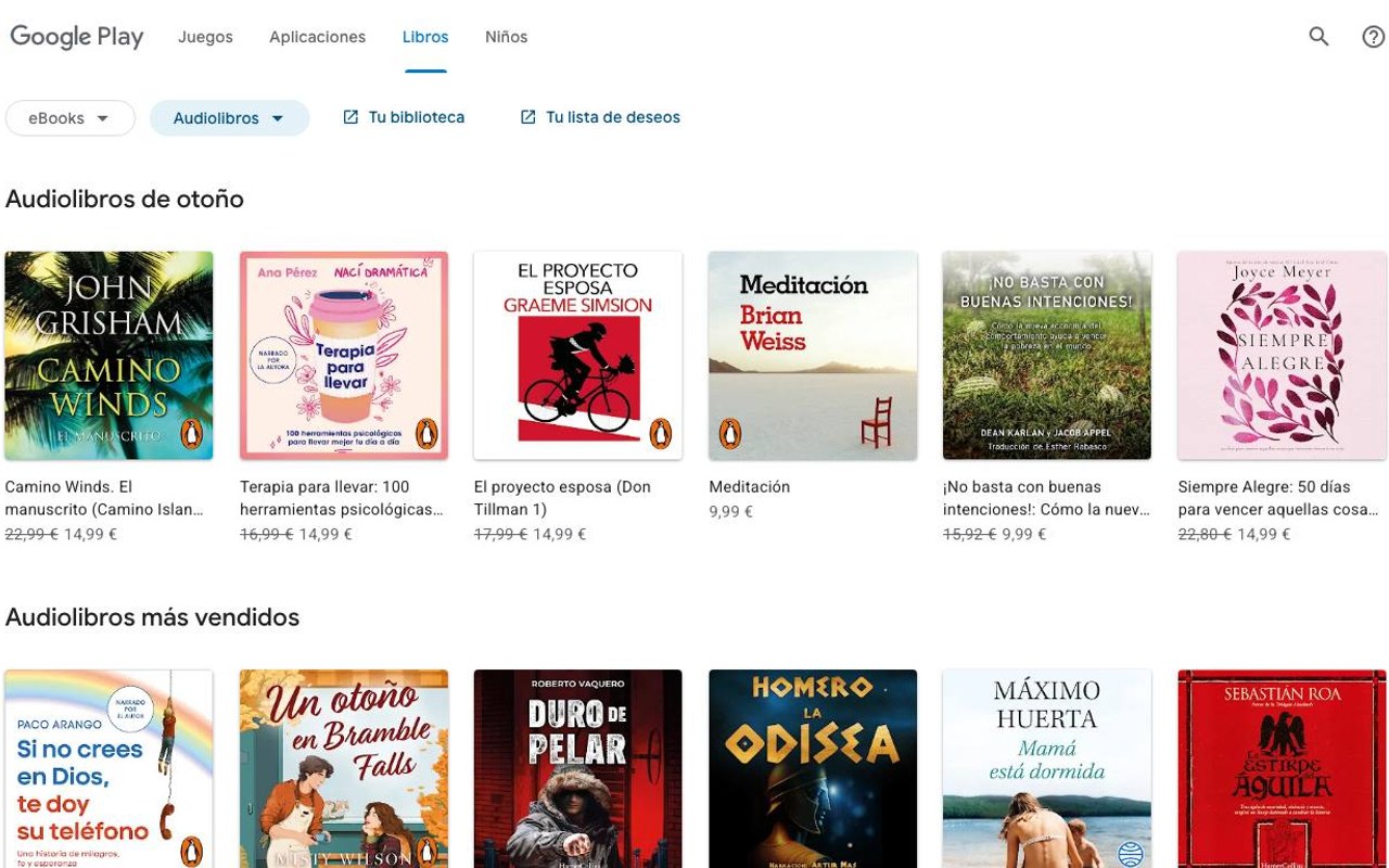 Captura de pantalla de la home de Google Play Libros
