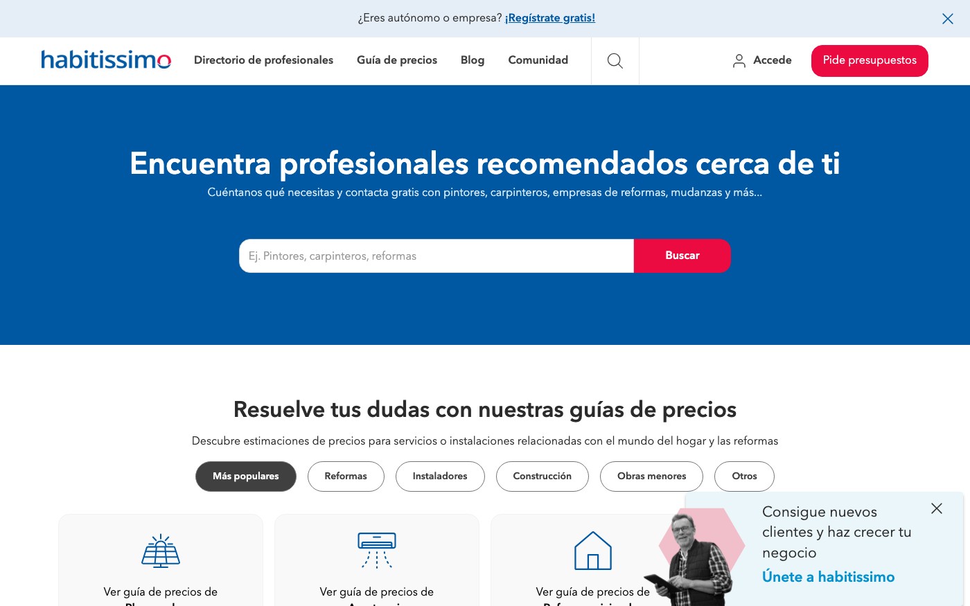 Captura limpia de la home oficial de Habitissimo