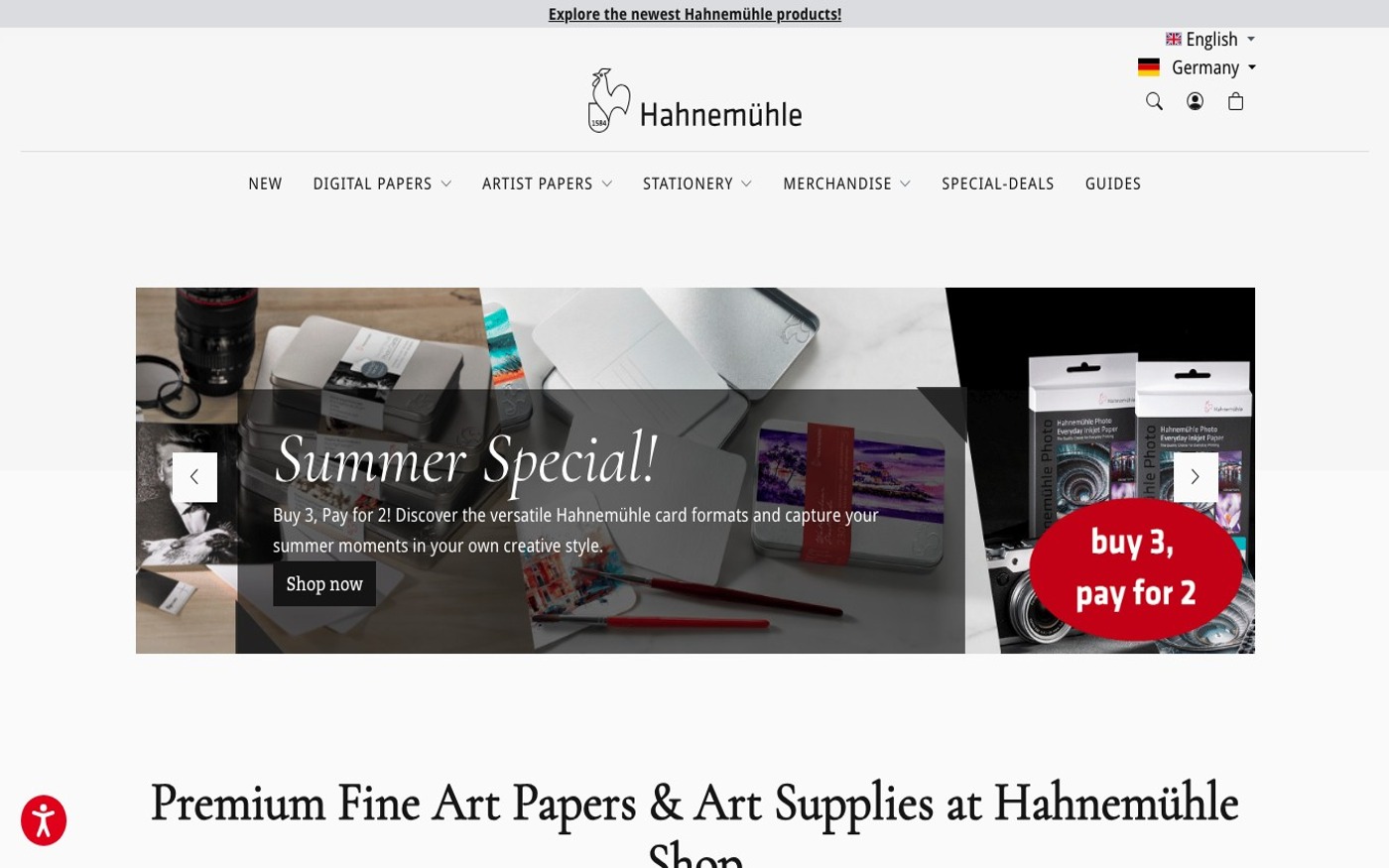 Captura limpia de la home oficial de Hahnemühle Shop