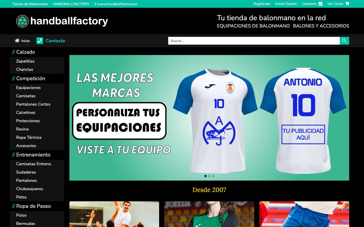Captura de pantalla de la home de HandballFactory