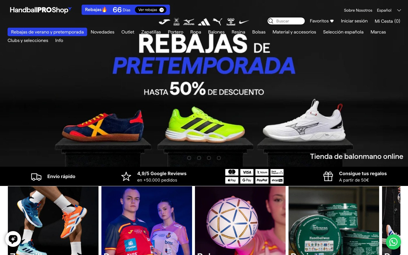 Captura de pantalla de la home de HandballPROShop