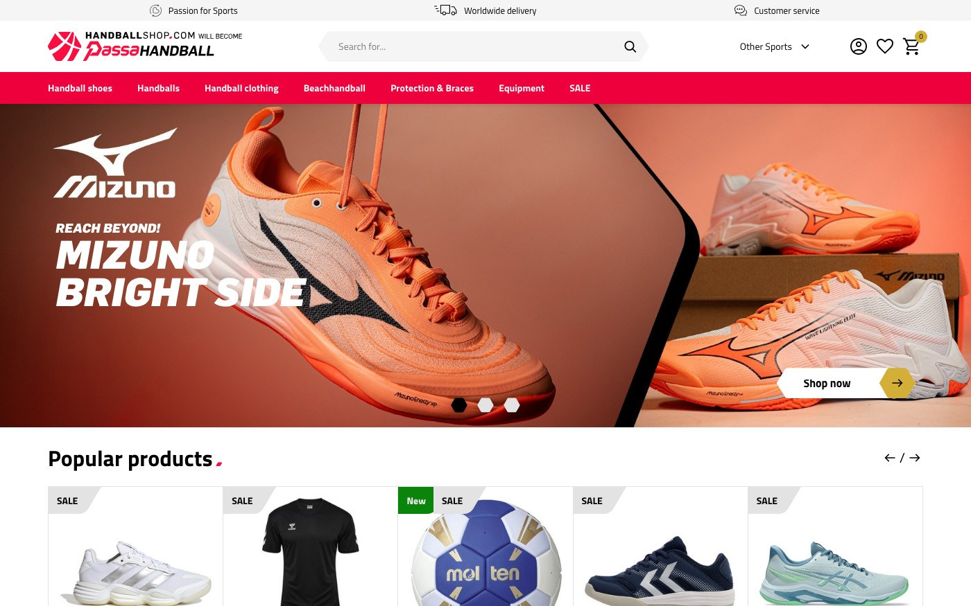 Captura de pantalla de la home de Handballshop